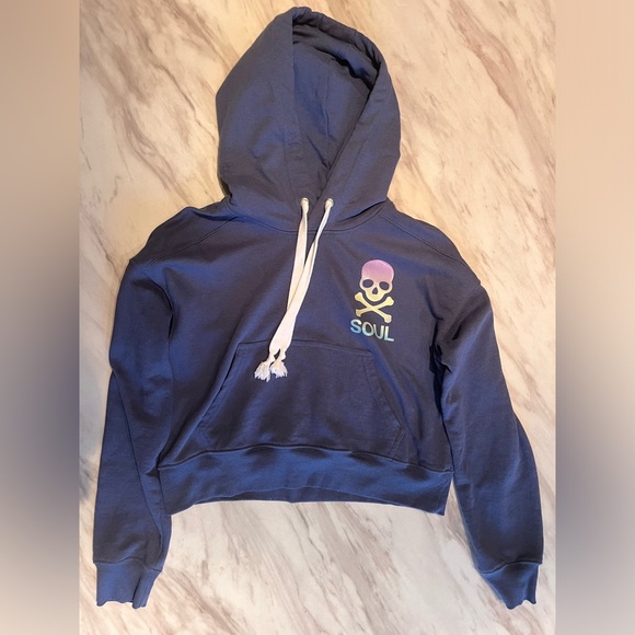 SoulCycle Medium Skull Soft Blue Crop Hoodie - Picture 1 of 3
